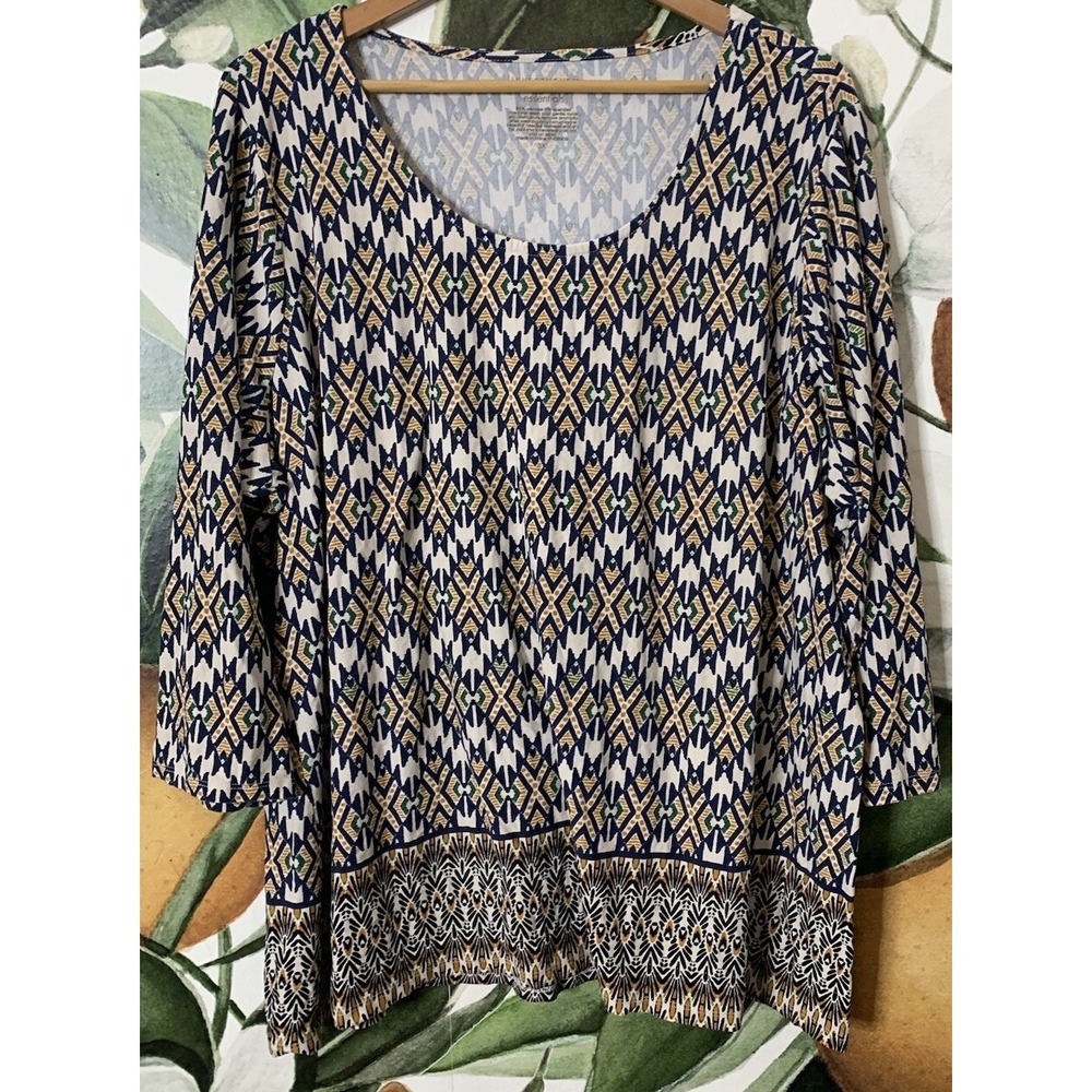 Investments II Essentials Plus Size 3X Boatneck Geometric Print 3/4 Sleeves Top